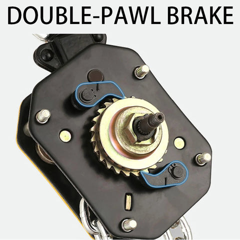 Front view of manual lever chain hoist drive assembly with brass gear, blue pawl levers, black housing