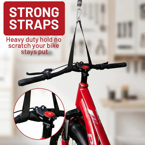 2 Pack Bike Ceiling Hoist Storage System for Garage Weight Lifting Gear 88 Pounds Capacity Heavy Duty Steel Pulley Rack Organizer with strong straps holding bike securely.