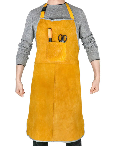 Heavy Duty Split Cowhide Leather Welding Apron With Adjustable Neck Strap And Flame Resistant Spatter Shield For Blacksmiths And Metal Workers, yellow with tools in pocket.