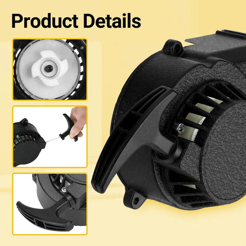 Alloy Recoil Pull Starter For SYX Moto 50cc Dirt Bike And 47cc 49cc 2 Stroke ATVs with close-up details of starter components