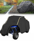 Heavy Duty UTV Cover For 2 To 3 Seaters, Medium Size With Reflective Strip protecting a blue UTV in rain.