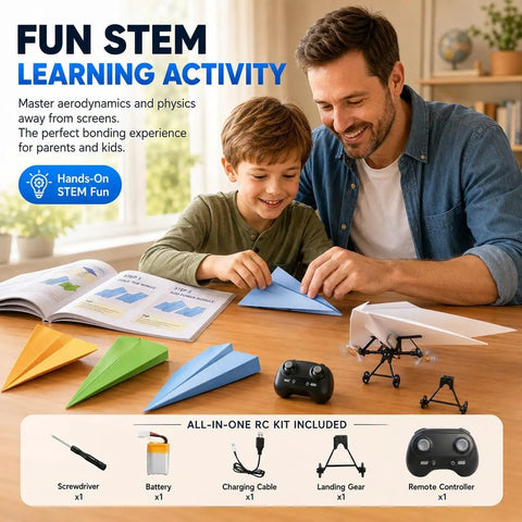 Father and son assembling Electric Remote Control Paper Airplane Kit With Gyro Stabilizer And Dual Propellers For Real Outdoor Fun