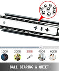 Heavy Duty Full Extension Three Stage Drawer Slides With Lock 220 Pound Capacity 60 Inch showing ball bearing design and quiet operation.