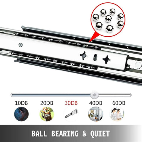 Heavy Duty Full Extension Three Stage Drawer Slides With Lock 220 Pound Capacity 60 Inch showing ball bearing design and quiet operation.