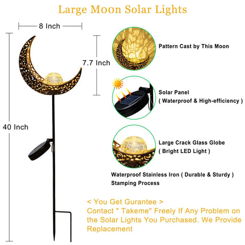 Moon Solar Garden Lights Waterproof Metal Stakes, 40-inch height, with 8-inch crescent and LED, for yard and patio decor.