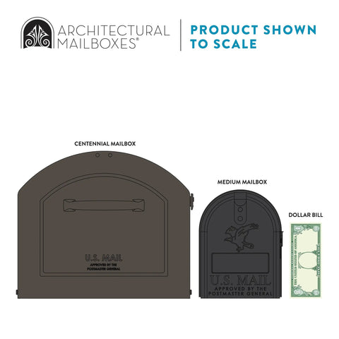 Centennial XL Post Mount Mailbox Rubbed Bronze Weather Tough As Nails size comparison to medium mailbox and dollar bill