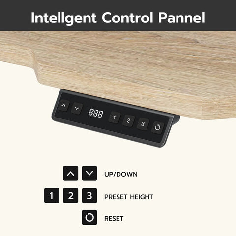 Control panel of L Shaped Electric Standing Desk For Home Office And Gaming 59x40 Inch Reversible Corner Desk with oak finish.