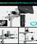 HDMI Soldering Digital Microscope 7 Inch With 3 Lens System on pro boom arm stand showing 360-degree rotation angle.