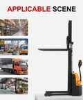 Fully Electric Pallet Stacker Crushing 2640 Pound Loads Like A Badass Workhorse With 98 Inch Max Lift in warehouse and transport settings.
