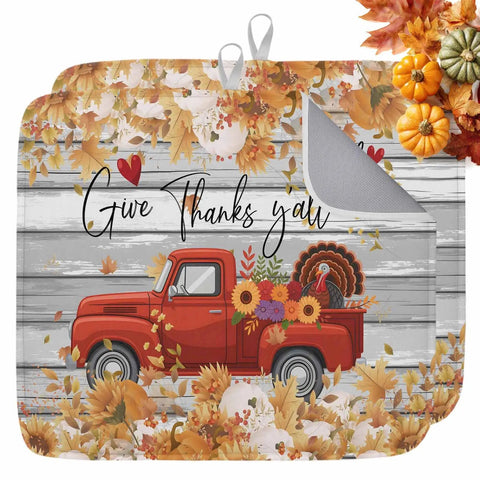 Set Of 2 Absorbent Microfiber Dish Drying Mats For Kitchen Counter 16 X 18 Inches Machine Washable Fall Autumn Thanksgiving Sunflower Red Truck Wood Grain Design Cozy Holiday Decor And Durable Non Slip Pad