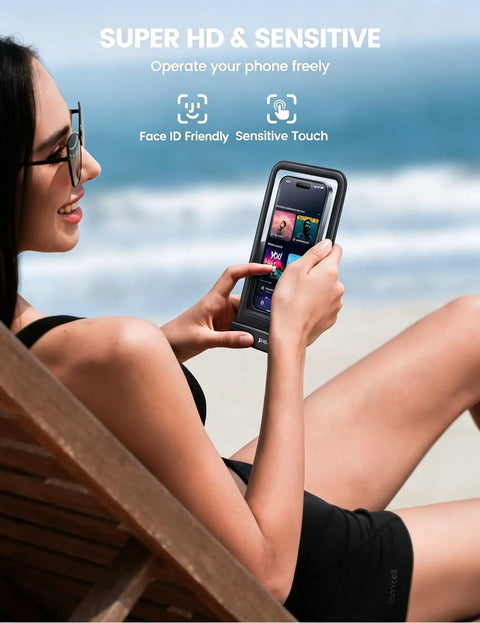 Woman using Double Pocket Waterproof Phone Pouch with IPX8 Dry Bag & Hidden Card Key Wallet on beach chair, fits up to 7.5 inches