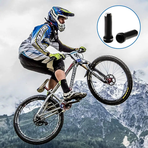 Mountain biker in action with inset of 48Pcs Bike Cable End Crimps Set for MTB and Road Bike, Alloy Brake and Shifter Caps in black