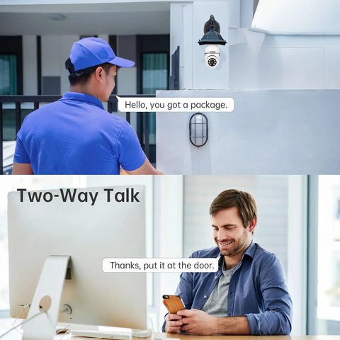 Person using Smart Light Bulb Camera With 5G And 2.4GHz WiFi 2K Outdoor Security Motion Detection Alerts Two Way Talk feature