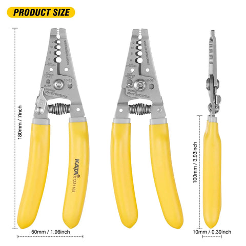 7 Inch Wire Stripper And Cutter Tool For 6 To 12 AWG Stranded Wire Crimping Pliers For 8 32 And 10 32 Screws, steel with yellow handles