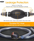 Gasoline siphon hand pump with built-in stop valve and two 15 mm PVC hoses, front view
