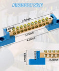 4 Pack Ten Position Neutral Bus Bar Terminal Block With Blue Insulated Base And Included Screws For Clean Easy Electrical Distribution In Breaker Panels And Distribution Boxes with dimensions labeled