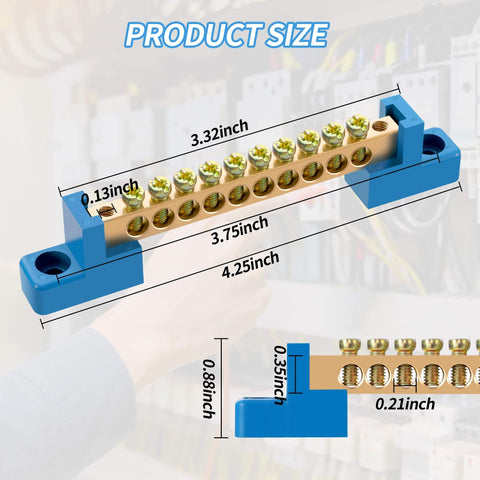 4 Pack Ten Position Neutral Bus Bar Terminal Block With Blue Insulated Base And Included Screws For Clean Easy Electrical Distribution In Breaker Panels And Distribution Boxes with dimensions labeled