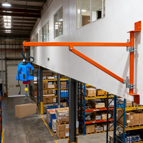 Heavy Duty Wall Mount Jib Crane Hoist Support Arm With 180 Degree Swinging Electric Scaffolding Lift Bracket All Steel Construction 660 Lbs Capacity For Industrial Garage Workshop Use Durable Steel Pole Holder holding a blue electric hoist.