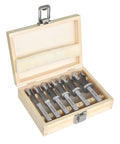 Heavy Duty Forstner Bit Set Six Piece Woodworking Plug Cutters in wooden storage box, carbon steel drill bits, various sizes.