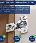 Heavy Duty Soft Close Cabinet Hinges 30 Pack with steel build, low-profile arm for inset drawers, lab tested for durability.