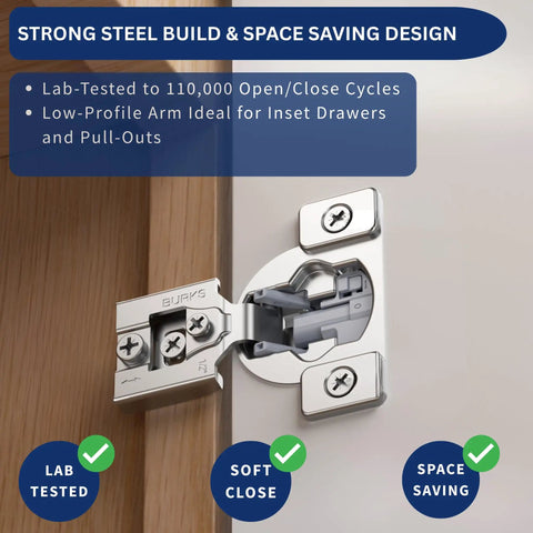 Heavy Duty Soft Close Cabinet Hinges 30 Pack with steel build, low-profile arm for inset drawers, lab tested for durability.