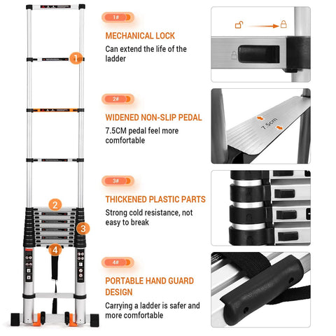 Telescoping Aluminum Ladder 12.5 Foot Lightweight Extension Collapsible Ladder For RV Home Loft Attic 330 Lbs Capacity Non Marking Tube