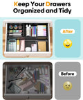 Ten Pack Large Plastic Drawer Organizer Set With Extra Large Large And Medium Trays For Desk Vanity Makeup Bathroom Kitchen Utensils And Office Black Keeps Every Drawer Neat Tidy And Easy To Access, installed in drawer showing before and after.