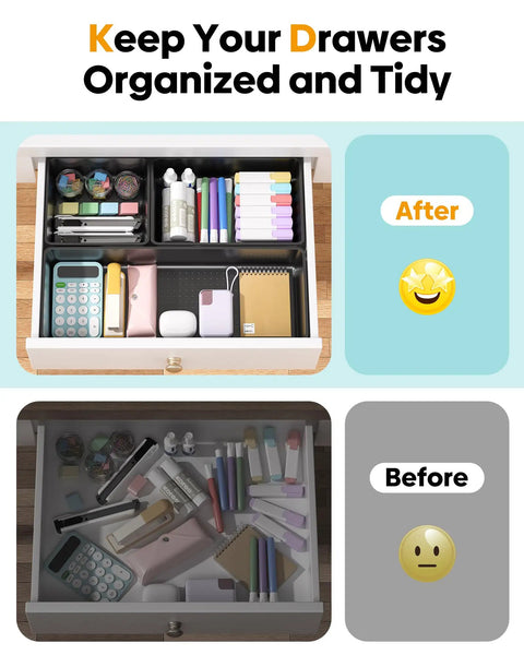 Ten Pack Large Plastic Drawer Organizer Set With Extra Large Large And Medium Trays For Desk Vanity Makeup Bathroom Kitchen Utensils And Office Black Keeps Every Drawer Neat Tidy And Easy To Access, installed in drawer showing before and after.
