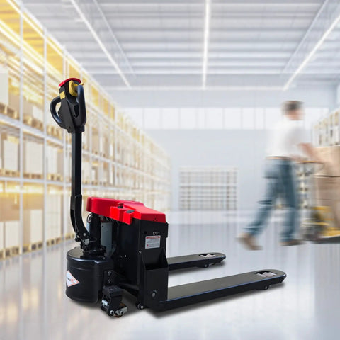 Huge Hauler Rechargeable Electric Pallet Jack With 3300 Lbs Capacity in a warehouse, designed for easy load movement.