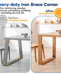Before and after comparison of wooden table with 4 Inch Black L Bracket For Wood Projects Heavy Duty 90 Degree Corner Brace installed