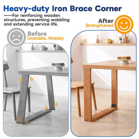 Before and after comparison of wooden table with 4 Inch Black L Bracket For Wood Projects Heavy Duty 90 Degree Corner Brace installed
