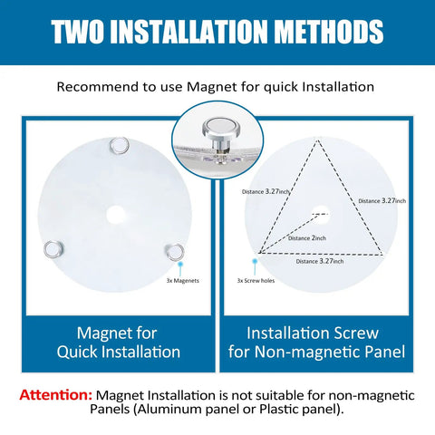 Two installation methods for 4 Inch Ceiling Fan Led Light Replacement 6000K Hella Bright Retrofit Kit: magnet and screw options.
