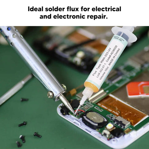 Precise Syringe Type Flux for PCB Soldering RMA 223 Easy Tinning Paste in action on electronic circuit board.