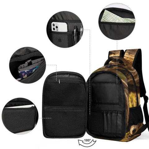 Forest Striding Brown Bear Printed Unisex Backpack With Large Capacity showing interior compartments and pockets.