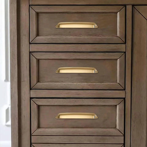 Champagne Bronze Cup Pulls 3 Inch Center To Center 10 Pack Zinc Alloy Cabinet And Drawer Handles installed on wooden drawers