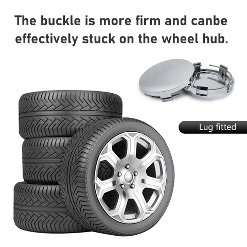 Four Piece Snap In Wheel Center Hub Caps With Slick Chrome Silver Finish And 60mm Outer Diameter For A Tight Fit Ride Upgrade And Durable Anti Slip Rim Decor That Looks Fresh On Every Daily Driver, showcase of hub cap with wheel tires.