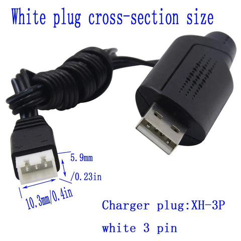 2 Pack 9125 Charger Cable With XH-3P Plug For Q903 And SCX24 RC Cars showing USB and 3-pin XH-3P plug with size measurements