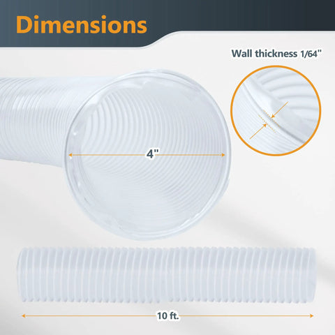 Dimensions of Hardworking 4X10 Clear Pvc Dust Collection Hose With Reinforced Steel Coil for Table Saws Band Saws Planers And Jointers.