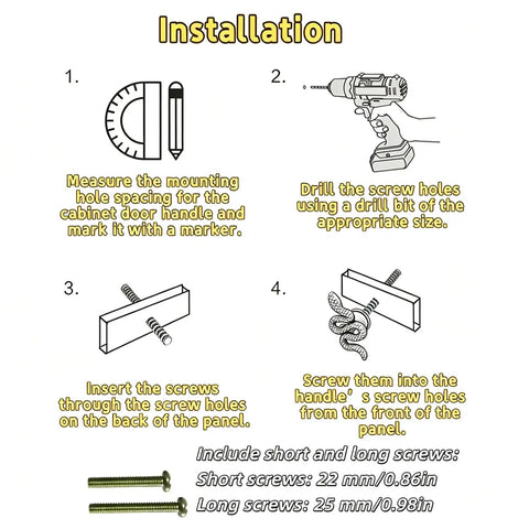 Installation steps for Snake Shaped Cabinet Knobs Set of 4: measure, drill, insert screws, attach snake handles; includes screw sizes.