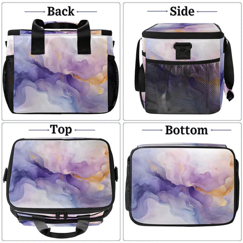 Gradient Color Insulated Picnic Backpack Lunch Bag For Women And Men, Portable Tote Picnic Basket, sides and top view.