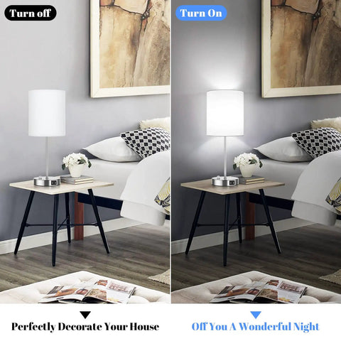 Dual USB Table Lamps With AC Outlet And Rotary Switch, shown on nightstands in bedroom, white fabric shade turned on and off.