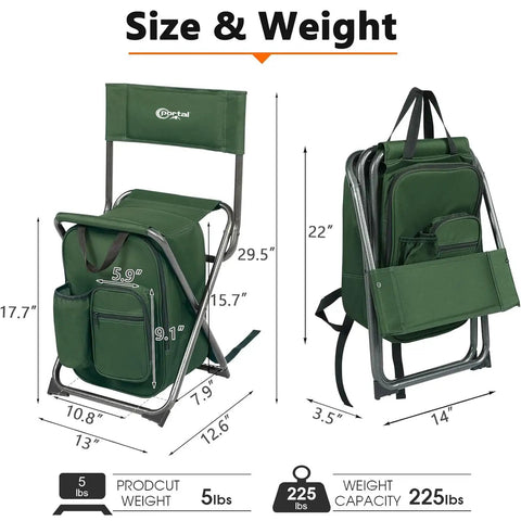 Backpack Cooler Chair With Backrest dimensions and weight details, folding camping stool for outdoors, sturdy steel frame, 225 lbs support