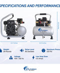 Lightweight Portable Air Compressor With Ultra Quiet 56 dBA Noise Level, Oil Free 1 Gallon Steel Tank, 0.6 HP, side and front views
