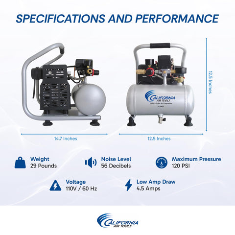 Lightweight Portable Air Compressor With Ultra Quiet 56 dBA Noise Level, Oil Free 1 Gallon Steel Tank, 0.6 HP, side and front views