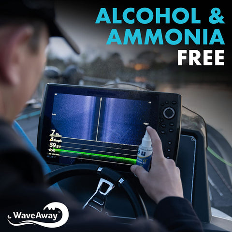 Person using Crystal Clear Ammonia Free LCD Screen Cleaner Kit For Sonar And GPS Displays with bottle near screen.