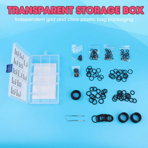 Scuba O Ring Kit 170 Pcs FKM90 With Stainless Steel O Ring Pick Set displayed with transparent storage box