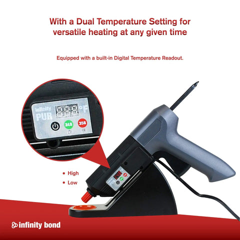 Dual Temp Corded PUR Hot Melt Glue Gun For 50 Gram Cartridges With 500W Heater Digital Temperature Readout and Stand Base