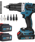 Top Notch 26V Cordless Rivet Nut Gun Kit With M3-M12 Heads, Two 5200mAh Batteries, Fast Charger, And Tough Case For Serious Home Projects And Auto Work. cordless rivet nut gun with M3-M12 heads, two 26V batteries and assorted adapters