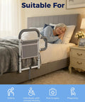 Senior Bed Rail With Dual Non Slip Handles And Storage Pouch Safe Bed Cane for elderly in bed beside a plush gray blanket.