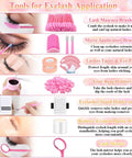 Tools for eyelash application including brushes, tapes, pads, holder, and mirror for All In One Beginner Lash Extension Practice Kit.